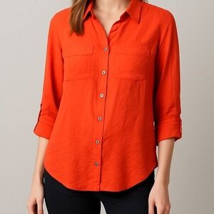 Michael Kors Orange Crinkle Button Front Shirt Top Size L